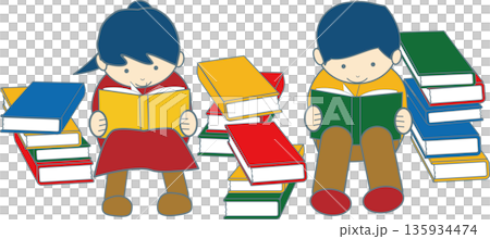 描繪孩子們享受閱讀的插圖 135934474