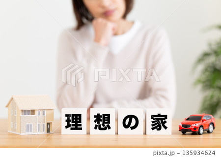 理想の家のブロックと悩むミドル女性 135934624