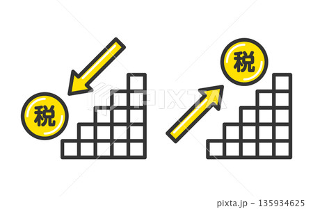 増税と減税のイメージイラスト、累進課税と税負担の変化、所得と税金のグラフ 増税と減税のイメージイラスト、累進課税と税負担の変化、所得と税金のグラフ 135934625