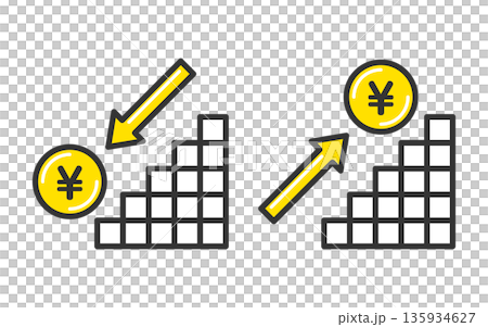 Illustration of rising and falling prices represented by a yen symbol and arrows Illustration of rising and falling prices represented by a yen symbol and arrows 135934627