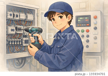 操作盤の配線をする職人 操作盤の配線をする職人 135934701