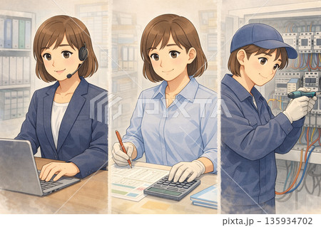 三刀流の女性 営業事務と経理と電気配線 三刀流の女性 営業事務と経理と電気配線 135934702