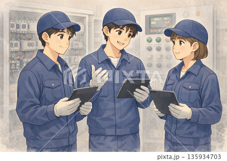 制御盤の現場で入念な打ち合わせをする三人 135934703