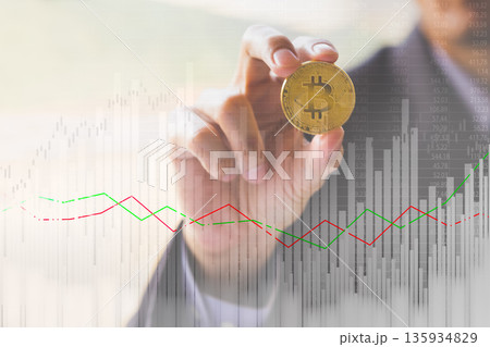 Modern way of exchange. Bitcoin is convenient payment in global economy market. Virtual digital currency and financial investment trade concept. Abstract cryptocurrency with gold bitcoin background. 135934829