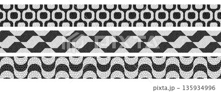Ipanema, Sao Paulo and Copacabana sidewalk borders with realistic cobblestone texture. Tapes with Brazilian beach promenade prints. Mosaic prints in Portuguese pavement style. Vector illustration 135934996