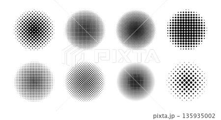 Set of circles with polka dot texture. Round shapes with halftone, noise or grain graphic effect isolated on white background. Circular comic design elements with spotted print. Vector illustration. 135935002