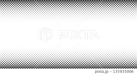 Top and bottom borders with faded halftoned effect and empty space in center. Polka dot pattern. Wallpaper with noise, grain, pixel or bitmap texture. Comic book template. Vector graphic illustration 135935006