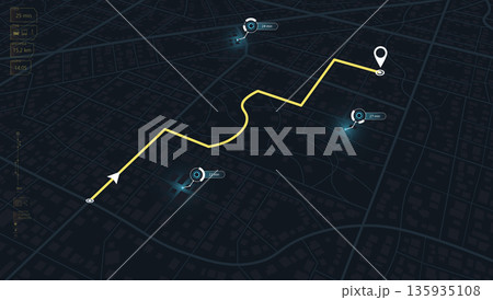 Isometric night city map displaying yellow navigation route with multiple stops and ETA indicators. Vector illustration. Isometric night city map displaying yellow navigation route with multiple stops and ETA indicators. Vector illustration. 135935108