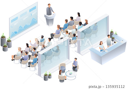 Isometric business conference scene featuring speaker at podium, audience listening to presentation, reception desk, and lobby area for corporate event concepts. Vector illustration. Isometric business conference scene featuring speaker at podium, audience listening to presentation, reception desk, and lobby area for corporate event concepts. Vector illustration. 135935112