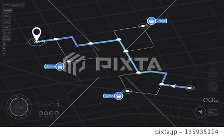 Detailed city street map with various points of interest. GPS tracking system to navigate and find way around the city landmarks, directions to different locations. Vector illustration Detailed city street map with various points of interest. GPS tracking system to navigate and find way around the city landmarks, directions to different locations. Vector illustration 135935114