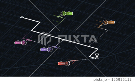 Detailed city street map with various points of interest. GPS tracking system to navigate and find way around the city landmarks, directions to different locations. Vector illustration Detailed city street map with various points of interest. GPS tracking system to navigate and find way around the city landmarks, directions to different locations. Vector illustration 135935115