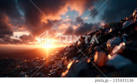 夕日に照らされる大量のゴミの山の風景 夕日に照らされる大量のゴミの山の風景 135935136