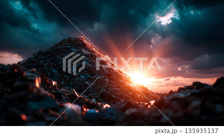 夕日に照らされる大量のゴミの山の風景 夕日に照らされる大量のゴミの山の風景 135935137