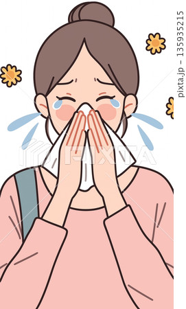 花粉や風邪で苦しむ女性イラスト くしゃみ 鼻水 涙 体調不良の表情素材 日常シーンに使える 135935215