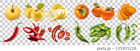 Collection set of 4 fruits, quince pome, persimmon, red green chili pepper, sliced choped halved on transparent cutout, PNG file. Mockup template for artwork design 135935226