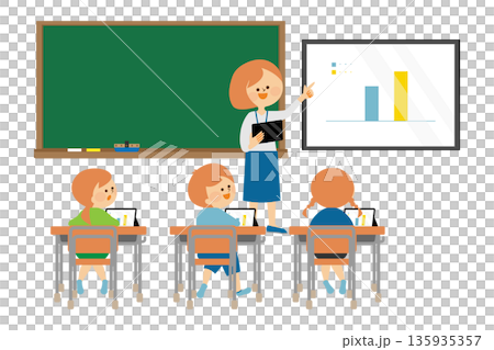 Students taking a class using a tablet in the classroom - Illustration 135935357