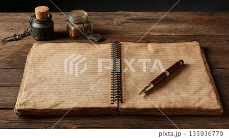 アンティークな手帳と万年筆：木製デスク上の古い日記帳、歴史や書道のコンセプト 135936770