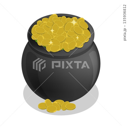 Isometric magical cast iron pot of a fairytale gnome leprechaun filled with gold coins. Isolated cartoon vector on white background 135936812