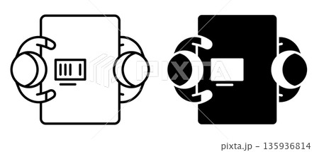 Linear icon. Employee applying for new job sits at table during an interview in front of an interviewer. Top view from above. Simple black and white vector 135936814