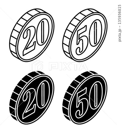 Linear isometric icon. Metal coins of 20 and 50 dollar, euro, pound, yen. Simple vector isolated on white background 135936815