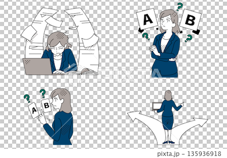 一組插畫,描繪了一位對工作選擇和決定感到困惑的女商人。 一組插畫,描繪了一位對工作選擇和決定感到困惑的女商人。 135936918