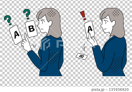 Illustration of a businesswoman choosing the correct answer from the options 135936920
