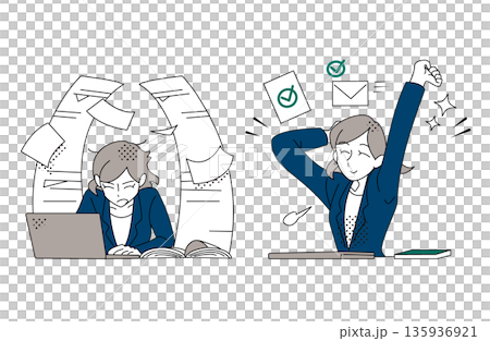 仕事の負担を乗り越えて業務を完了するビジネスウーマンのイラストセット 仕事の負担を乗り越えて業務を完了するビジネスウーマンのイラストセット 135936921