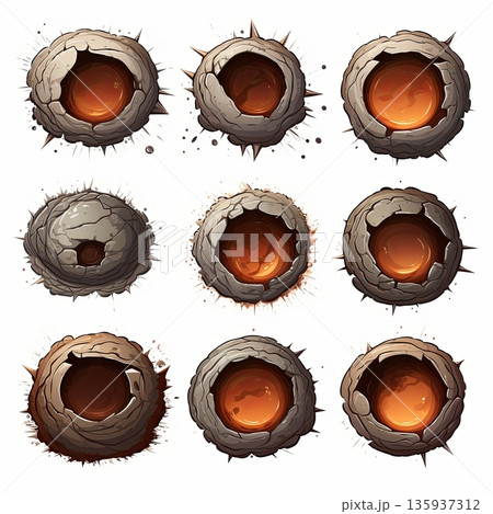 Collection of Fantasy Stone Orbs with Lava Centers on White, Game Asset Design Elements 135937312