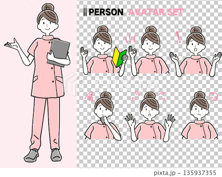 女性護理師姿勢，臉部表情變化集 135937355
