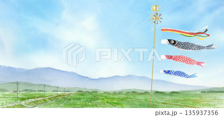 田舎の風景と空を泳ぐ鯉のぼりの水彩画 135937356