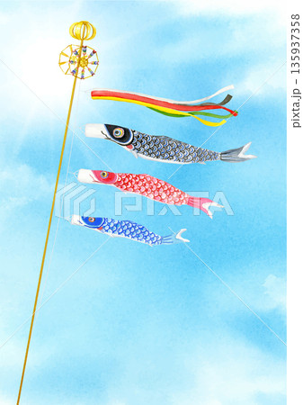空を泳ぐ鯉のぼりの水彩イラスト 空を泳ぐ鯉のぼりの水彩イラスト 135937358
