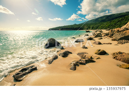 Galapinhos beach on a sunny day. Rocky seascape. Setubal region, Atlantic Ocean, Portugal 135937975