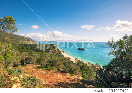 View of Arrabida beach. Rocky seascape. Setubal region, Atlantic Ocean, Portugal View of Arrabida beach. Rocky seascape. Setubal region, Atlantic Ocean, Portugal 135937990