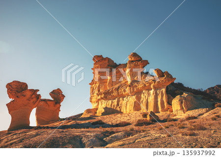 Mushroom rocks in the city of Bolnuevo in Mazarron. Costa Calida, Murcia, Spain. Las Gredas de Bolnuevo Mushroom rocks in the city of Bolnuevo in Mazarron. Costa Calida, Murcia, Spain. Las Gredas de Bolnuevo 135937992
