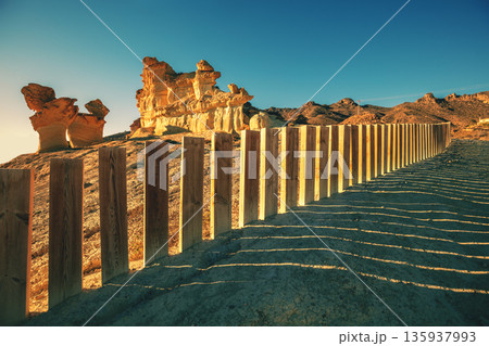 Mushroom rocks in the city of Bolnuevo in Mazarron. Costa Calida, Murcia, Spain 135937993