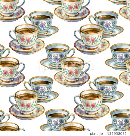 Watercolor seamless pattern with floral tea cups and saucers, hand-painted porcelain dishes, elegant botanical design for wrapping paper, textile, and cozy interior decor 135938085