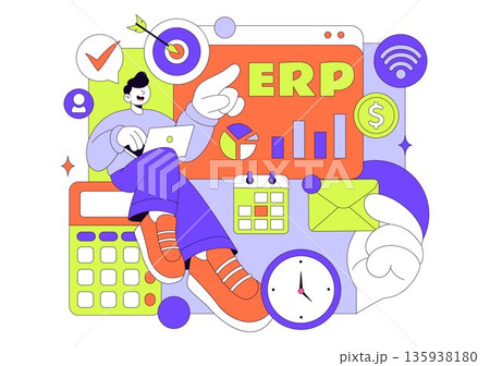 ERP Enterprise Resource Planning System Vector Illustration Featuring Business Integration, Productivity Improvement, And Company Growth Background 135938180