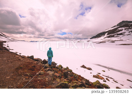 Snowy highlands during sunset. Silhouette of a young woman on the lakeshore of a frozen glacier lake at sunset. Hornsvatnet, Bjorgavegen, Aurland, Norway. Horizontal banner 135938263