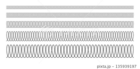 Spiral spring line set. Metal wire coil spring icon collection. Thin zigzag waves symbol. Flexible coil shapes. Loop line seamless pattern. Vector illustration isolated on white background. 135939197