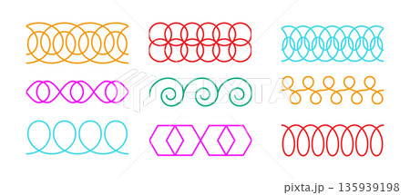 Spiral loop seamless line set. Decoration lace collection. Thin loop waves symbol. Flexible spring coil shapes. Neon loop line ornament pattern. Vector illustration isolated on dark background Spiral loop seamless line set. Decoration lace collection. Thin loop waves symbol. Flexible spring coil shapes. Neon loop line ornament pattern. Vector illustration isolated on dark background 135939198