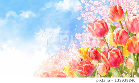 春の自然を満喫できる、チューリップの花畑と桜、そして青空の風景を水彩で表現。季節系コンテンツにマッチ 135939840