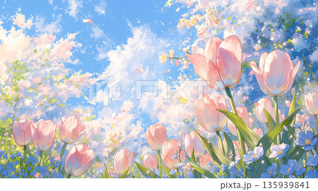 春の自然を満喫できる、チューリップの花畑と桜、そして青空の風景を水彩で表現。季節系コンテンツにマッチ 春の自然を満喫できる、チューリップの花畑と桜、そして青空の風景を水彩で表現。季節系コンテンツにマッチ 135939841