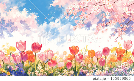 春の青空とチューリップ畑、舞い散る桜が描く癒しの水彩風景イラスト。やわらかなタッチで季節感 春の青空とチューリップ畑、舞い散る桜が描く癒しの水彩風景イラスト。やわらかなタッチで季節感 135939866