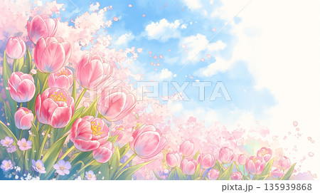 春の青空とチューリップ畑、舞い散る桜が描く癒しの水彩風景イラスト。やわらかなタッチで季節感 135939868