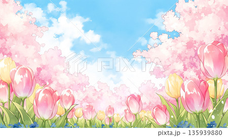 春の陽光の中、桜とチューリップが揺れる草原の風景。透明感あふれる水彩タッチで、動画やブログ 135939880