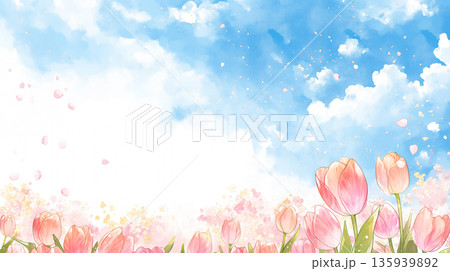 青空に映える満開のチューリップと桜が春を彩る水彩風イラスト。自然・季節・癒しをテーマにしたデザイン 135939892