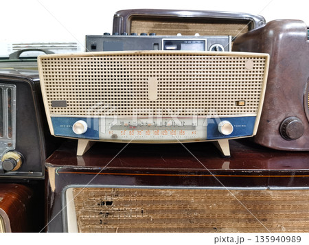 Vintage radio in the exhibition area, white background. Vintage radio in the exhibition area, white background. 135940989