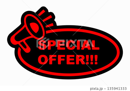 Bold red Special Offer announcement with megaphone icon minimalist design. Vector illustration. Bold red Special Offer announcement with megaphone icon minimalist design. Vector illustration. 135941333