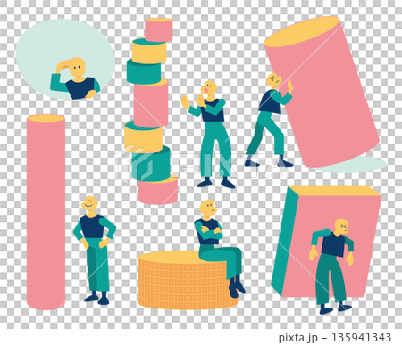 Illustrations of people facing various events such as growth, achievement, economics, business, difficulties, and mental health 135941343