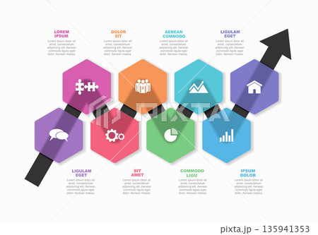 Modern infographic flow chart with colorful hexagons, arrow, and icons for business process visualization. Vector illustration. Modern infographic flow chart with colorful hexagons, arrow, and icons for business process visualization. Vector illustration. 135941353